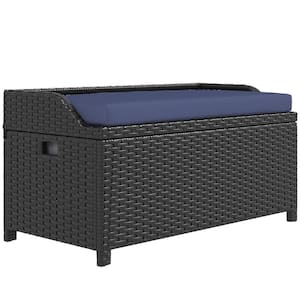 58 Gal. Black Wicker Outdoor Storage Bench with Interior Waterproof Cloth Bag and Navy Blue Cushion