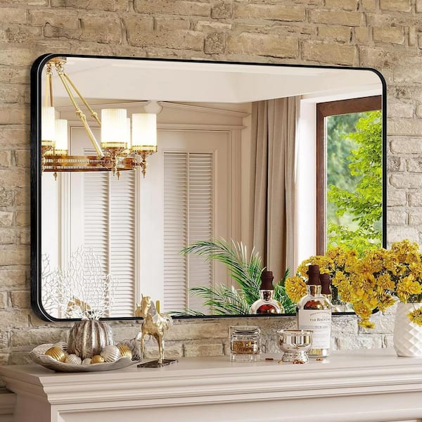 30 in. W x 40. 2 in. H Rectangular Aluminum Frame Square Black Wall Mirror