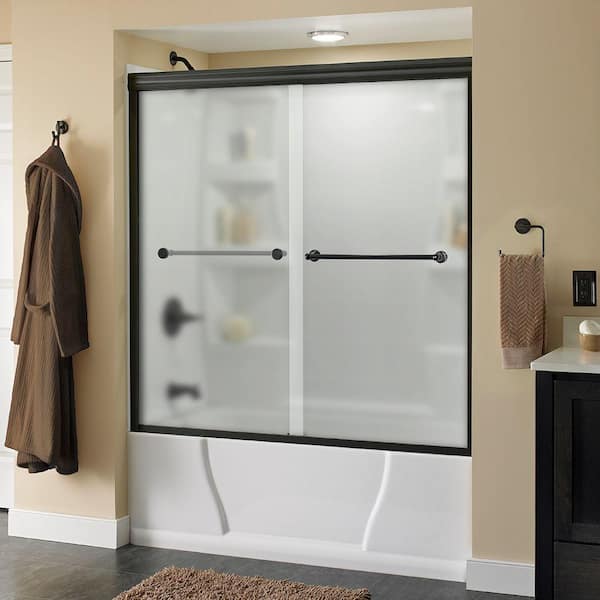 Delta Traditional 59-3/8 in. x 58-1/8 in. Semi-Frameless Sliding Bathtub Door in Bronze with 1/4 in. Tempered Frosted Glass