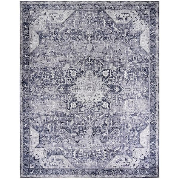 Washables Charcoal Grey 9 ft. x 12 ft. Center medallion Traditional Area Rug