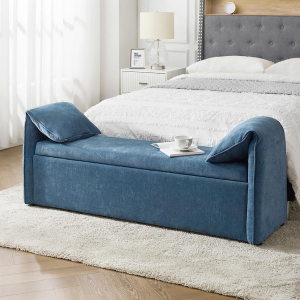 JAYDEN CREATION Arturo Navy Modern 61 in. W Storage Bedroom Bench with Pillow