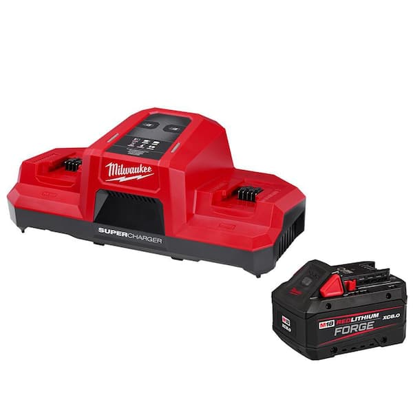 Milwaukee M18 18V Lithium-Ion REDLITHIUM FORGE 8.0 Ah Battery Pack with M18 18V Dual Bay Simultaneous Super Charger