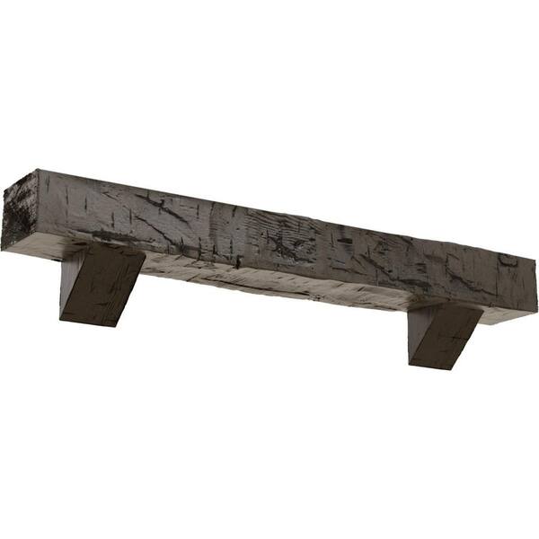 Ekena Millwork 4 in. x 8 in. x 4 ft. Hand Hewn Faux Wood Fireplace Mantel Kit, Breckinridge Corbels, Burnished Honey Dew