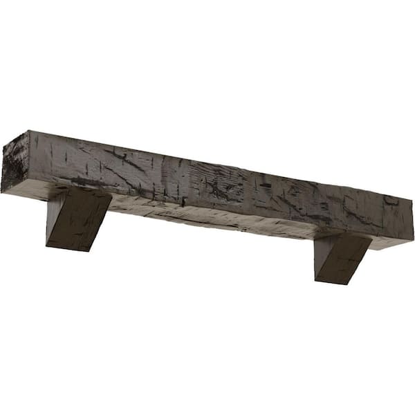 Ekena Millwork 4 in. x 8 in. x 7 ft. Hand Hewn Faux Wood Fireplace Mantel Kit with Breckinridge Corbels, Burnished Honey Dew