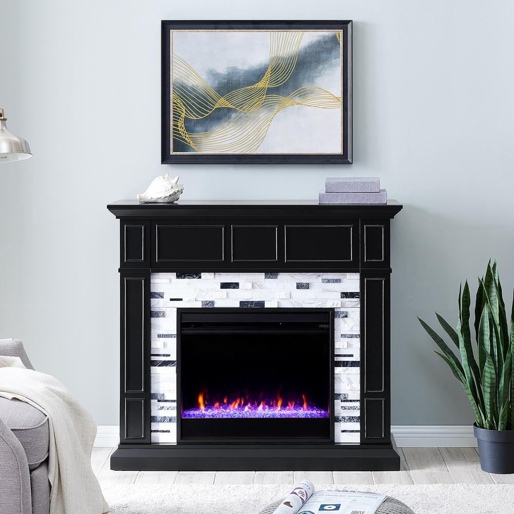Southern Enterprises Etta Color Changing 46 in. Electric Fireplace in Black with White and Gray, Black finish with white and gray marble -  HD013701