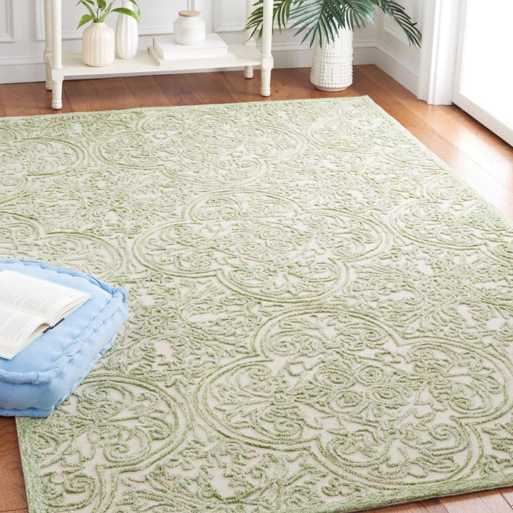 Ivory and Green 9' x 12' Handmade Tufted Wool Area Rug
