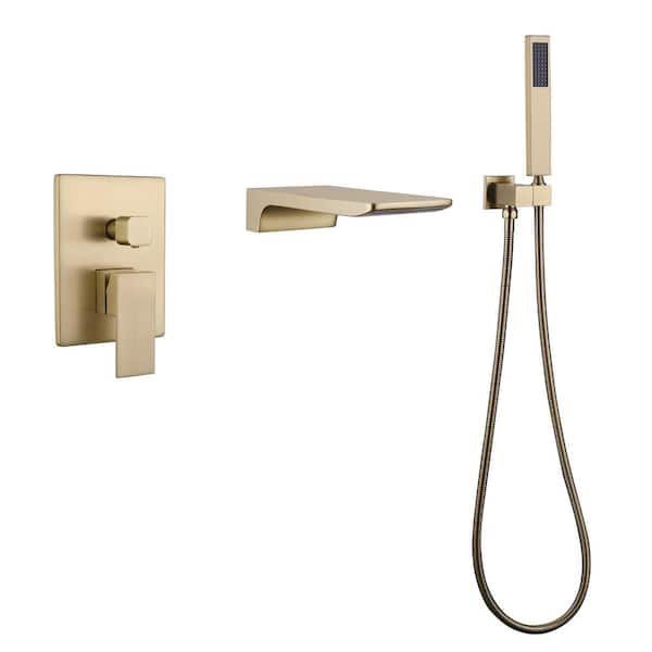 AIMADI Single-Handle Wall-Mount Roman Tub Faucet with Hand Shower Brass 3-Hole Waterfall Bathtub Fillers in. Brushed Gold