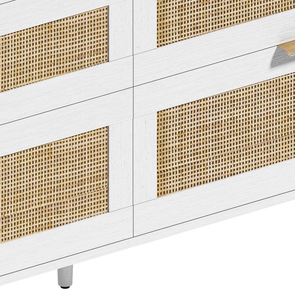 White MDF and Rattan 6-Drawer Dresser with Gold Handles