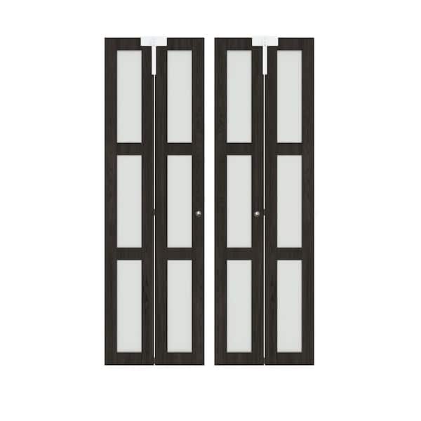 60 in. x 80 in. 3-lite Frosted Glass Solid Core Ancient Wood Color MDF Bi-fold Doors with Lock and Handle