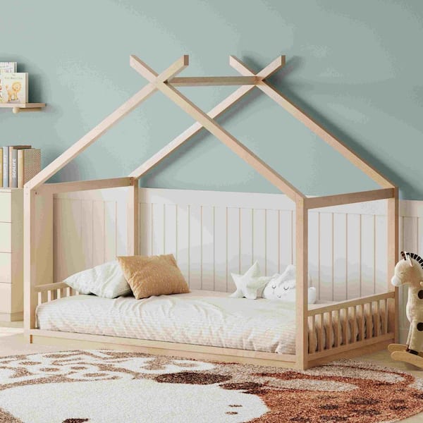 Natural Wood Frame Twin Size Platform Bed with Headboard and Footboard, Wooden Fence
