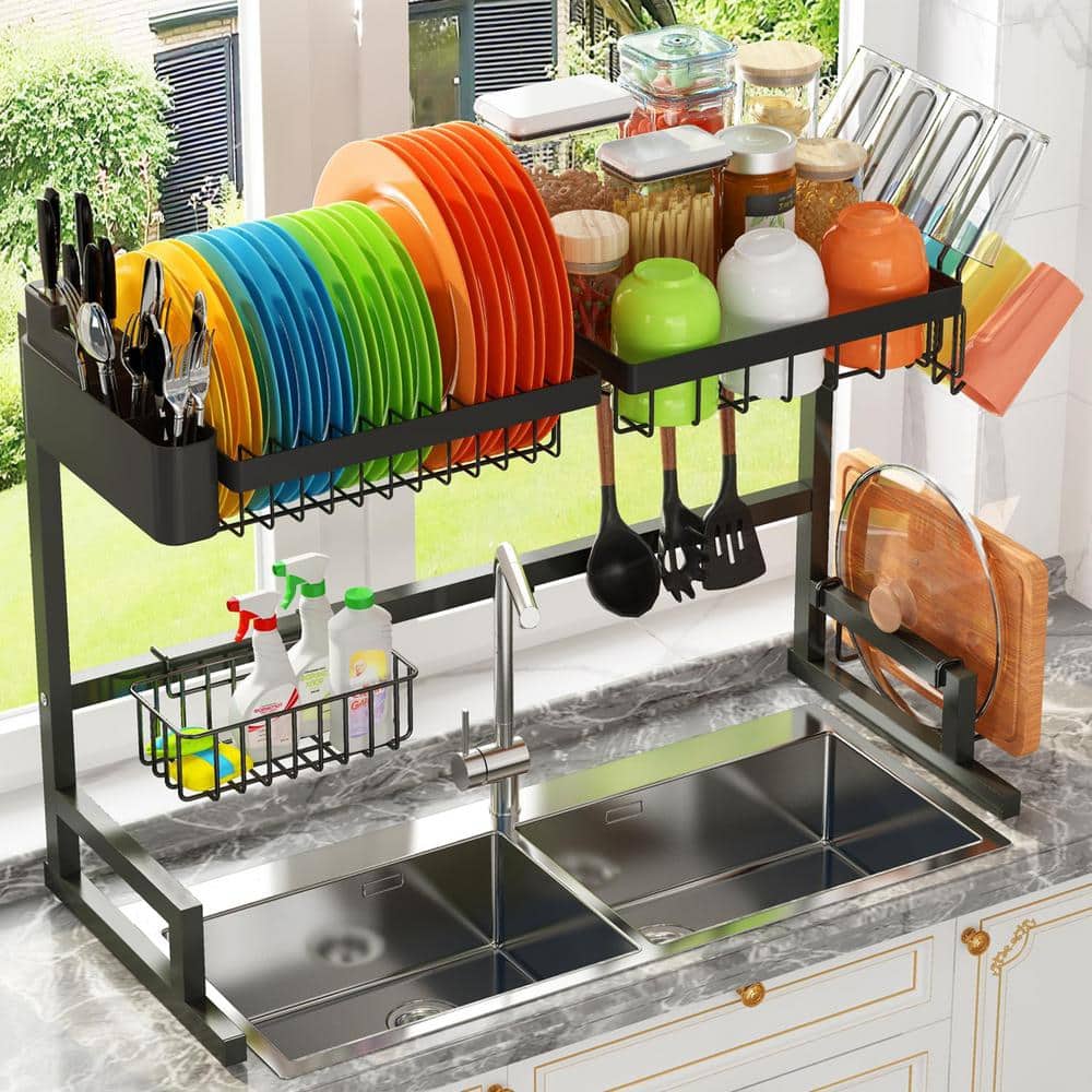 Expandable Black Standing (2 Tier Snap-On Design) Stainless Steel Dish Rack