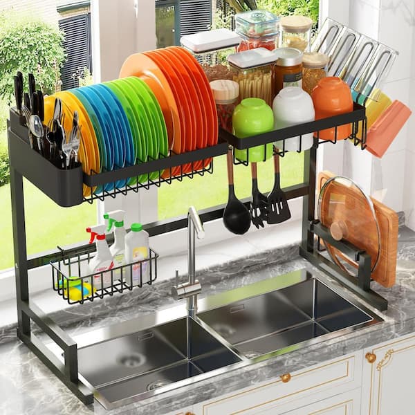 Adrinfly Expandable Black Standing (2 Tier Snap-On Design) Stainless Steel Dish Rack