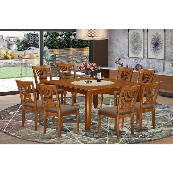 9-Piece Square Saddle Brown Finish Solid Wood Top Dining Table with 8-Chairs with Lattice Back