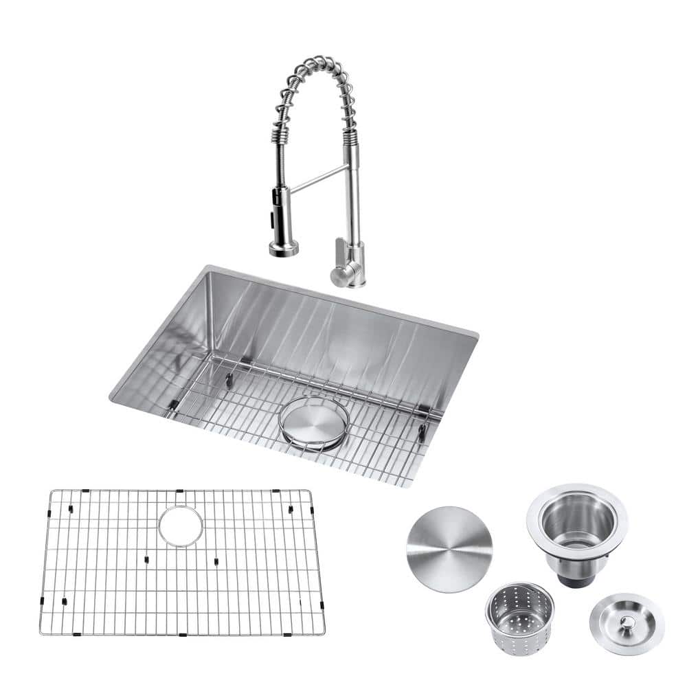 Akicon Brushed Nickel 16-Gauge Stainless Steel 23 in. Single Bowl  Undermount Kitchen Sink with Faucet, Strainer and Bottom Grid AK231809R10F  - The 