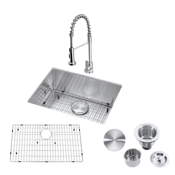 Brushed Nickel 16-Gauge Stainless Steel 23 in. Single Bowl Undermount Kitchen Sink with Faucet, Strainer and Bottom Grid