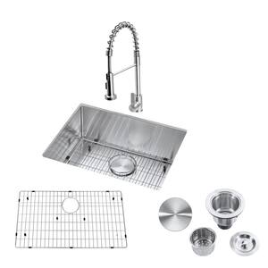 Brushed Nickel 16-Gauge Stainless Steel 23 in. Single Bowl Undermount Kitchen Sink with Faucet, Strainer and Bottom Grid