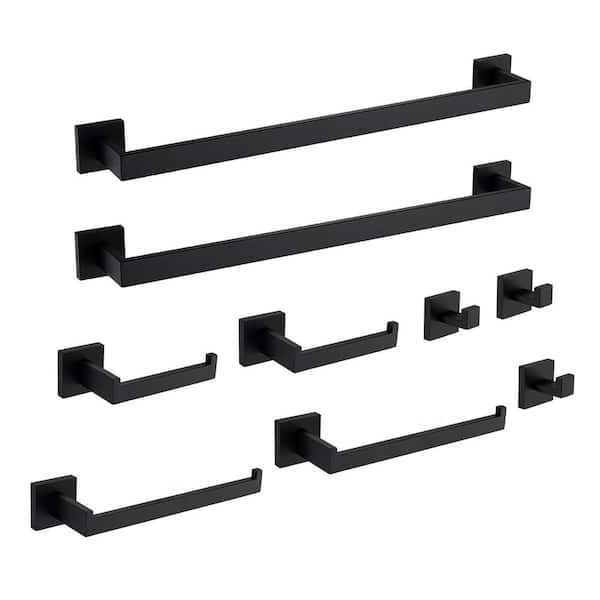 Interbath 9-Piece Bath Hardware Set with Towel Bar Toilet Paper Holder Towel Hook in Stainless Steel Matte Black