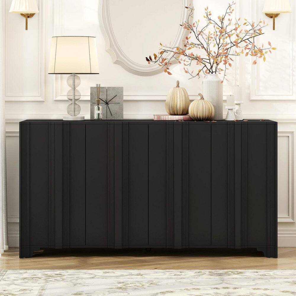 Black Solid Wood 60 in. Large Sideboard Buffet Cabinet with 4-Door Adjustab