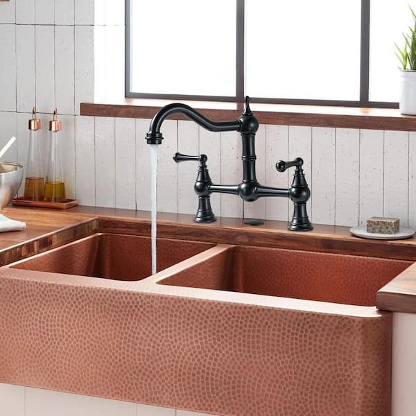 Vintage Double Handle High Arc 2-3 Hole Brass Bridge Kitchen Faucet with Sink Hole Cover in Oil Rubbed Bronze