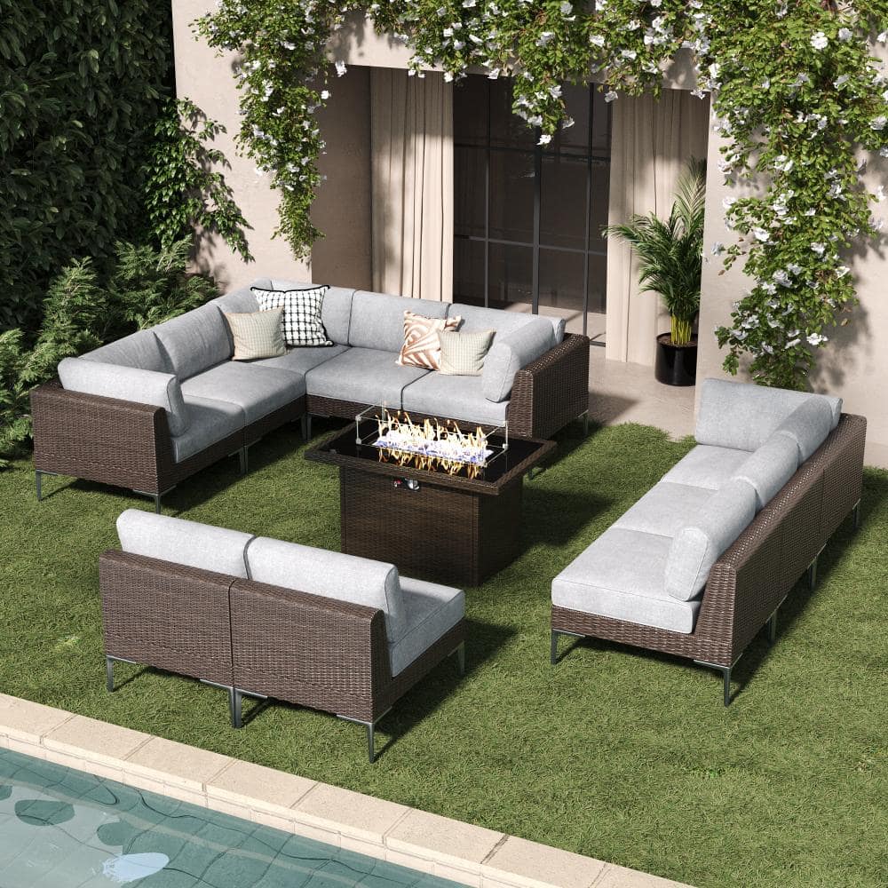 11-Piece Wicker Rattan Patio Sofa Sectional Conversation Set with Fire Pit Table and Gray 6-inch Cushions price history on PriceWatchPro