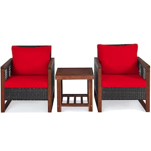 3-Pieces Rattan Wicker Patio Conversation Set Outdoor Furniture Set with Red Cushion