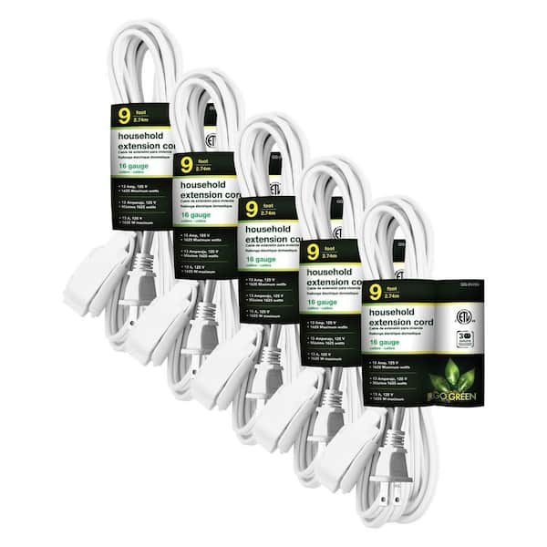 GoGreen Power (G-24709-5) 9 ft. 16/2 Indoor Household Extension Cord, 3 Outlets, White, 5 PACK
