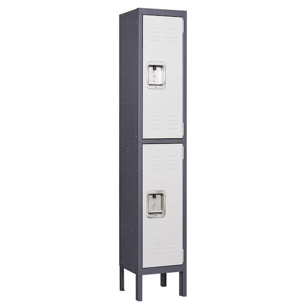 Mlezan Metal Locker 2 Doors 12 in. D x 12 in. W x 66 in. H in Gray White 2 Tier Storage Shelves Locker for School Factory Gym