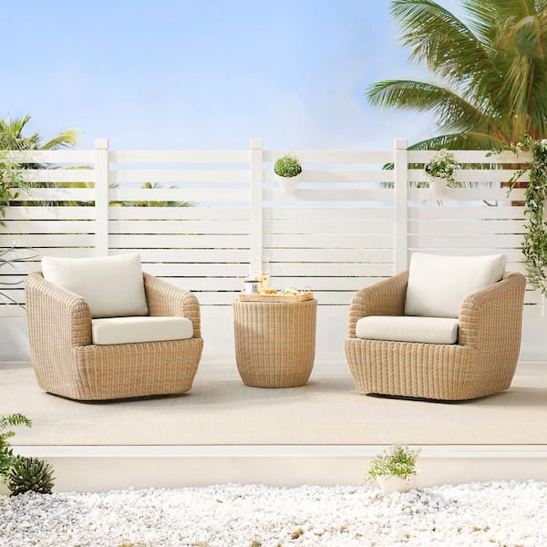 Elspeth 3 Pieces White Fabric Wicker Swivel Accent Chairs with 1 Side Table with Removable Thickened Cushions