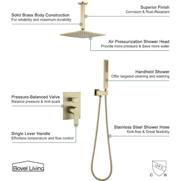 1-Spray Patterns with 2.38 GPM 12 in. Ceiling Mount Dual Shower Heads with Rough-In Valve Body and Trim in Brushed Gold 1-Spray Patterns with 2.38 GPM 12 in. Ceiling Mount Dual Shower Heads with Rough-In Valve Body and Trim in Brushed Gold