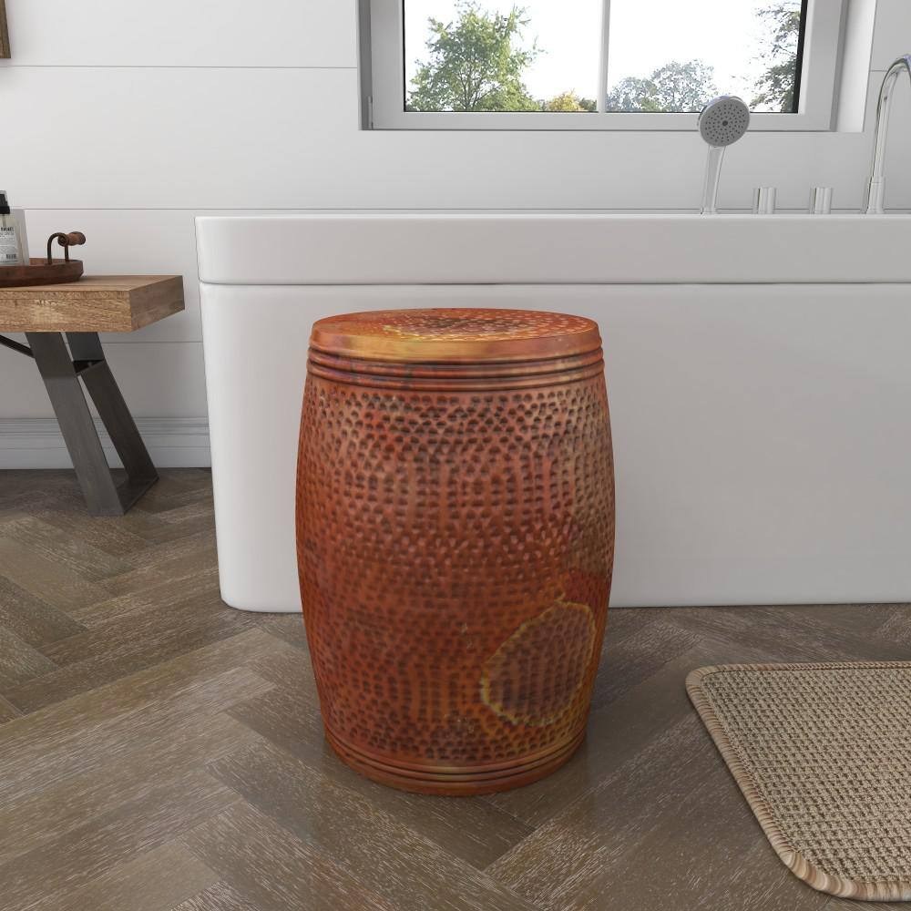 Copper Hammered Metal Drum Shaped Accent Table