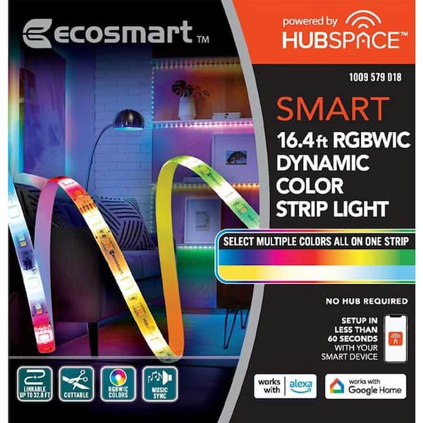EcoSmart 16.4 ft. Smart RGBWIC Dynamic Color Changing Dimmable Plug-In LED  Strip Light Powered by Hubspace AL-TP-RGBICTW-1 - The Home Depot