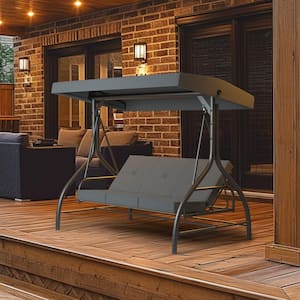 3-Seat Outdoor Metal Porch Swing with Upgraded Thickened Cushions and Adjustable Canopy, Dark Grey