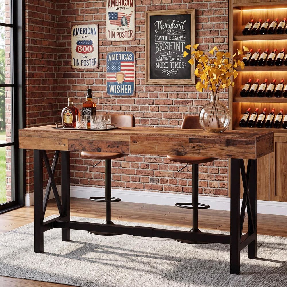 36 in. H Brown Rectangle Solid Wood Bar Table, Narrow Long Counter-Height Pub Table Seats 4