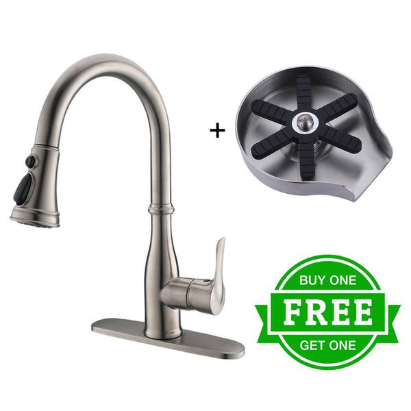 BWE Single Handle Pull-Down Sprayer Kitchen Faucet Bundle Glass Rinser in Brushed Nickel