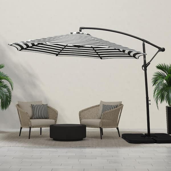 Bayshore Outdoor 10 ft. Hanging Offset Cantilever Patio Umbrella with Easy Crank Lift and Cross Base, Black/White Stripe