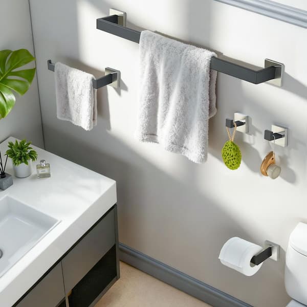5-Pieces Bathroom Hardware Set with Towel Bar Towel Ring Robe Hook Toilet Paper Holder Wall Mounted Black Brushed Nickel