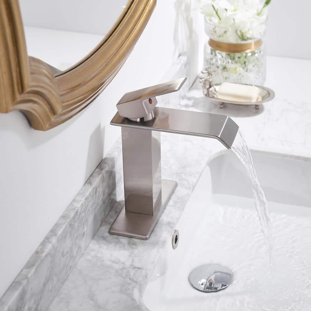 Brushed Nickel Single Handle Waterfall Bathroom Faucet with Pop Up Drain