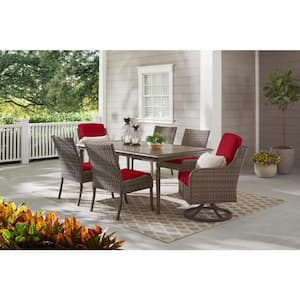 Windsor 7-Piece Brown Wicker Rectangular Outdoor Dining Set with CushionGuard Chili Red Cushions