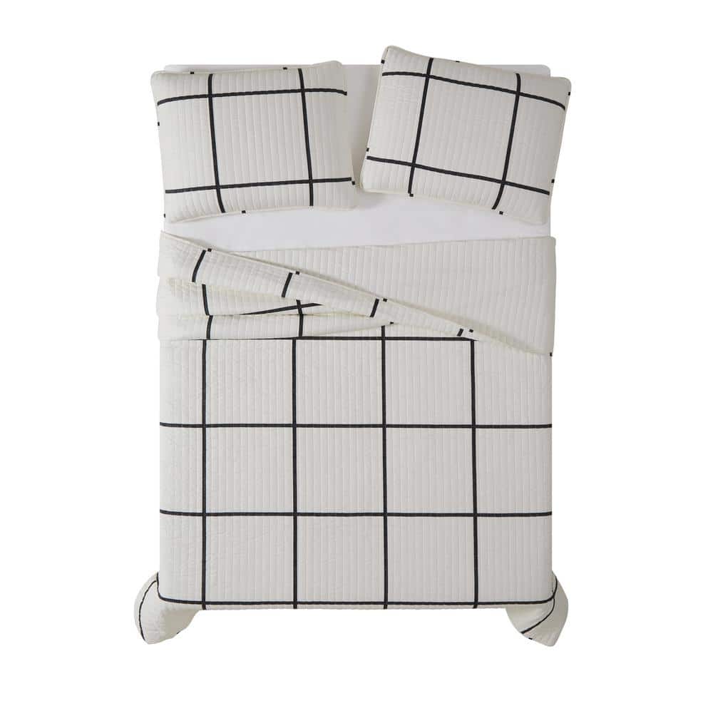 King Black and White Microfiber Windowpane Quilt Set