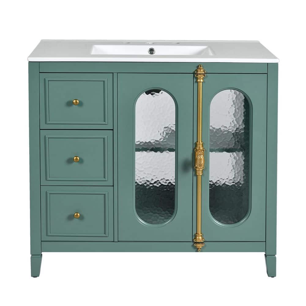 36 in. Freestanding Lake Green Bath Vanity with White Ceramic Top 2 Soft-Close Doors and 3 Drawers
