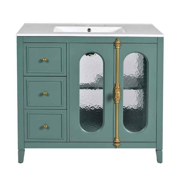 36 in. Freestanding Lake Green Bath Vanity with White Ceramic Top 2 Soft-close Doors and 3 Drawers