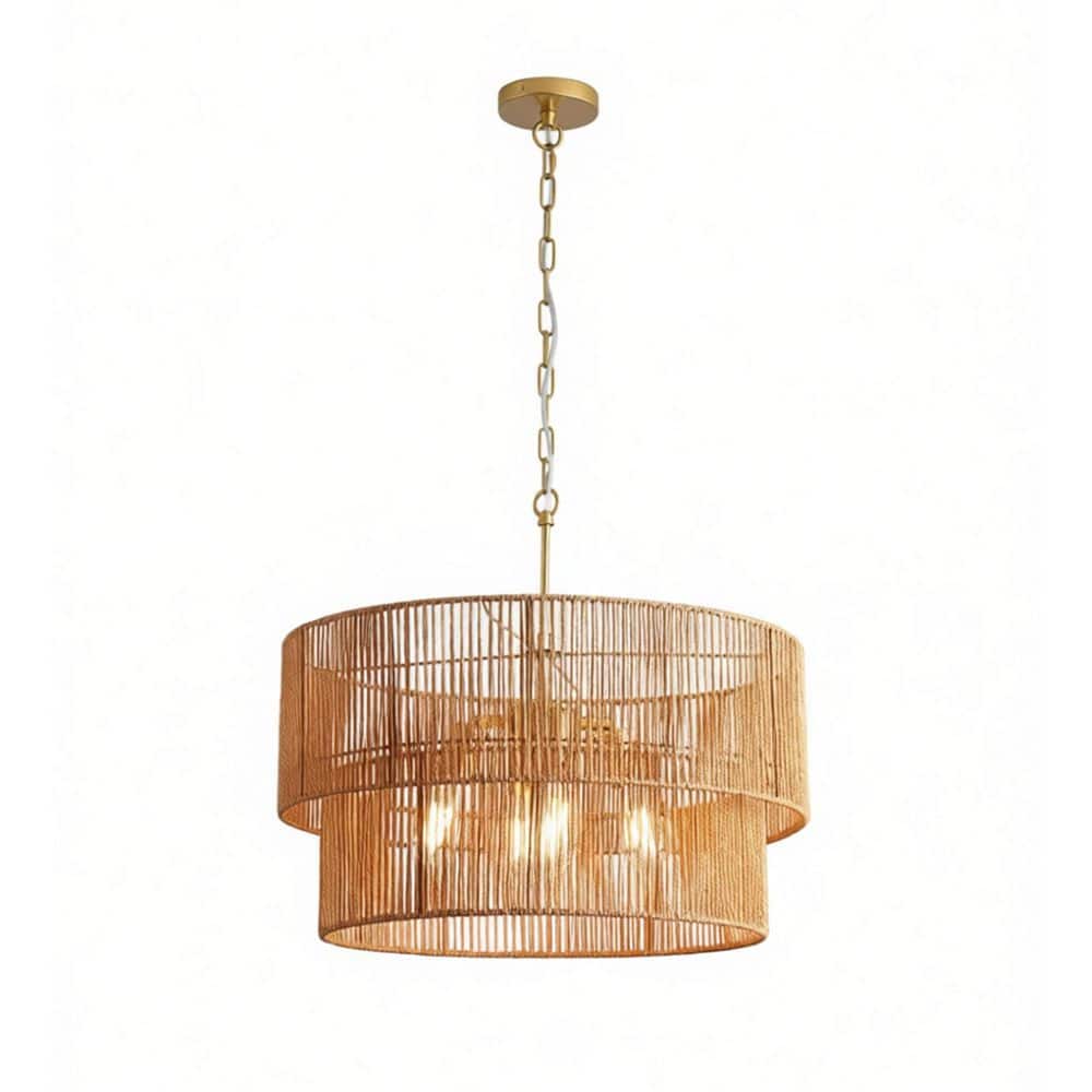 Boswel 100-Watt 5 Light Retro Style 2-Tier Rattan Gold Pendant Light for Kitchen Island, Dining Table, No Bulbs Included price history on PriceWatchPro