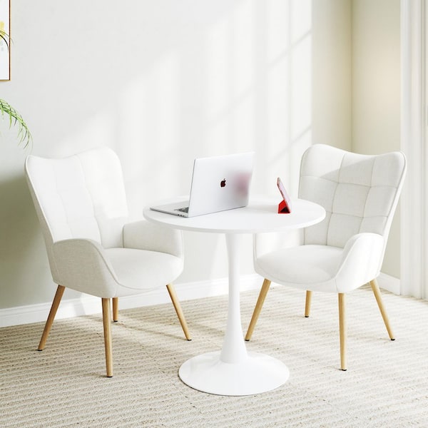 KEYUS 3-Piece Round Dining Set with Beige Fabric Chairs and White Finish Table-Ideal for Small Spaces