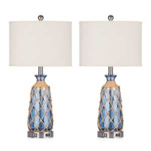 Kibbe 25 in. Blue Bubble Glass Table Lamp Set with Dual USB and Built-In Outlet (Set of 2)
