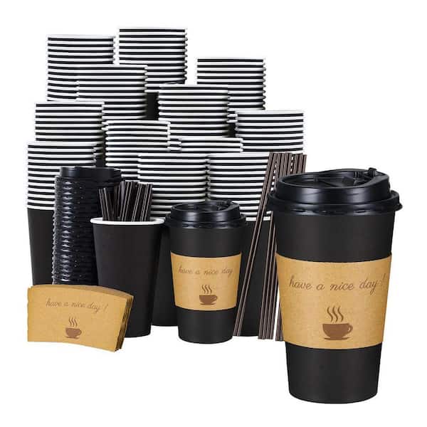 16 in. Black Coffee Cups Disposable Paper Hot Cup with Lids Sleeves Stirrers Disposable Tableware 50 Pack