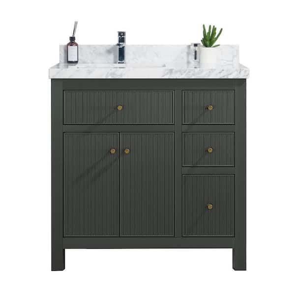 Willow Collections Sonoma 36 in. W x 22 in. D x 36 in. H Left Offset Sink Bath Vanity in Dark Green with 2 in Carrara Marble Vanity Top
