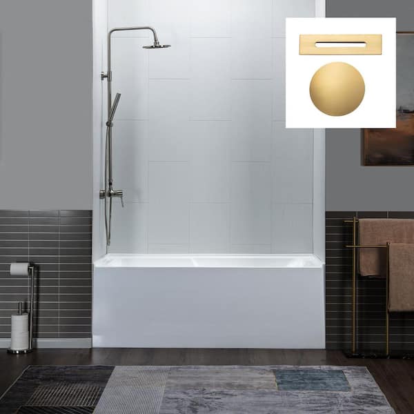 WOODBRIDGE 60 in. x 30 in. Acrylic Soaking Alcove Rectangular Bathtub with Left Drain and Overflow in White with Brushed Gold