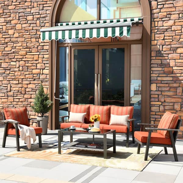 HOOOWOOO Walden Grey 4-Piece Wicker Metal Outdoor Patio Conversation Sofa Seating Set with Striped Orange Red Cushions