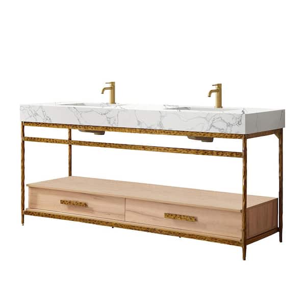 Dhaka 72 in.W x 22 in.D x 33.9 in.H Double Bath Vanity in Yellow Bronze Metal Support with White Composite Stone Top
