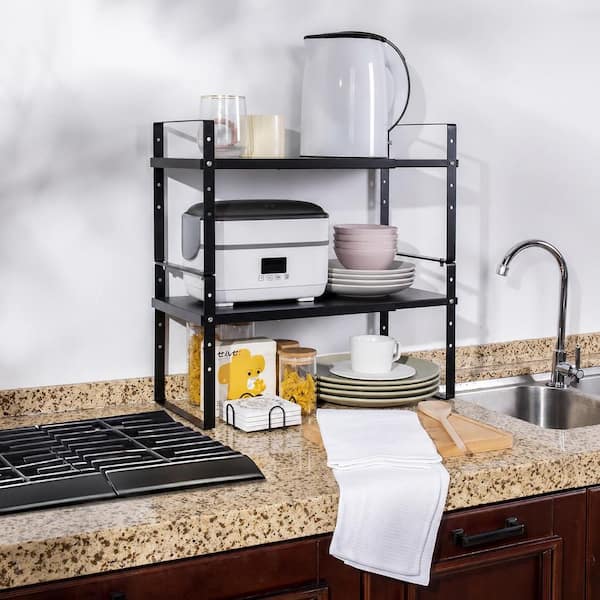 Black Expandable Stackable Cabinet Shelf Organizer with Adjustable Height Kitchen Counter Storage Rack, 1 Pack